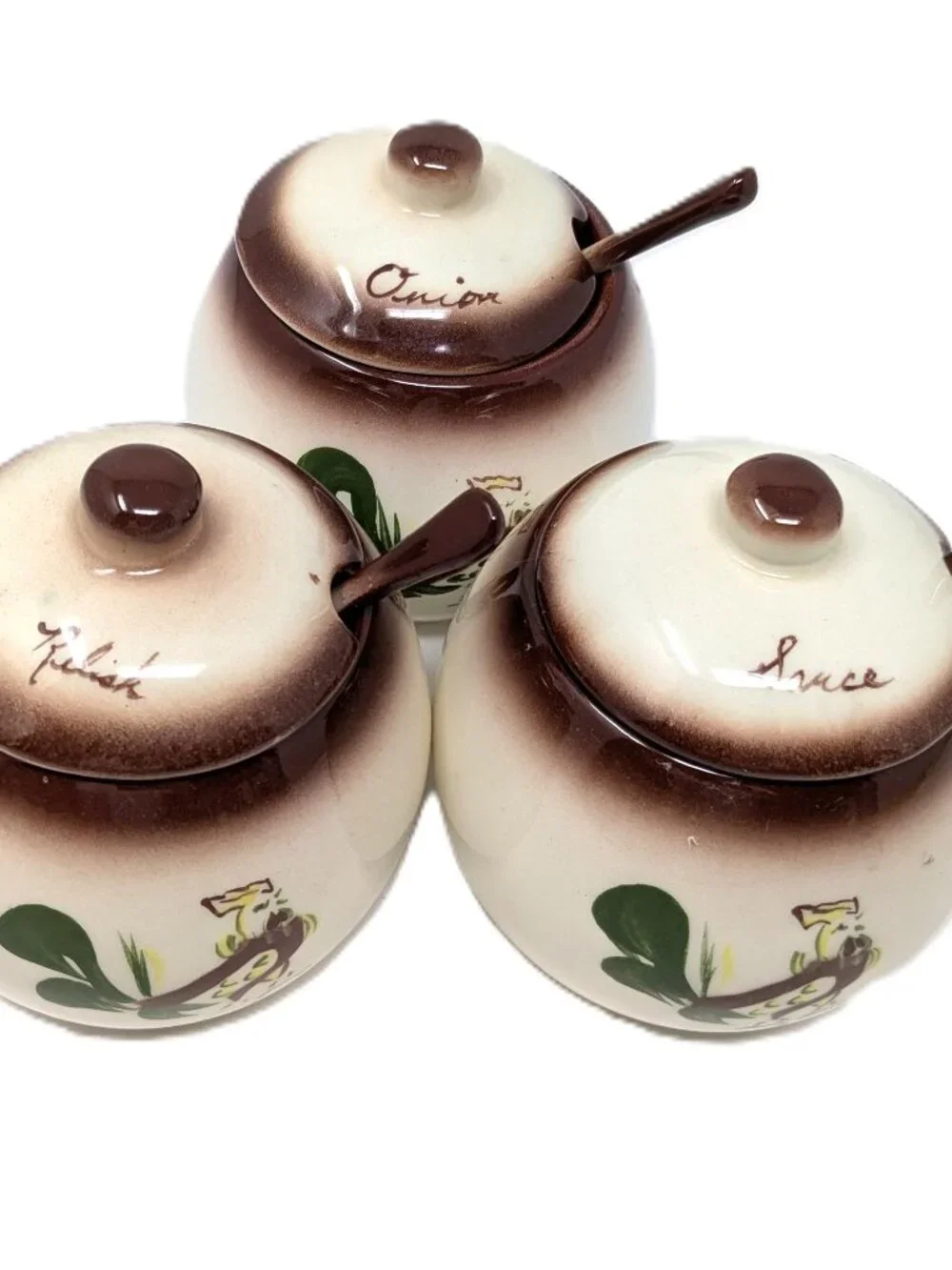 Brock of California CHANTICLEER Rooster condiment Jars Set of 3 VTG 50s
